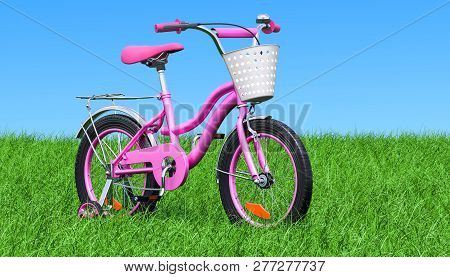 Kids Bicycle For Girls With Training Wheels And Basket On The Green Grass Against Blue Sky, 3d Rende