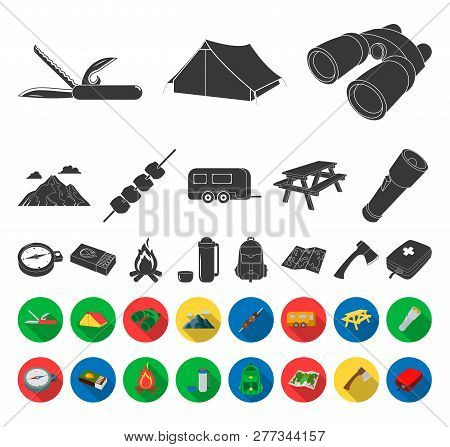 Rest In The Camping Black, Flat Icons In Set Collection For Design. Camping And Equipment Vector Sym