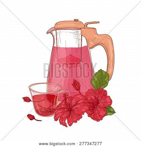Composition With Hibiscus Tea In Glass Jug, Cup, Roselle Flowers And Leaves Isolated On White Backgr