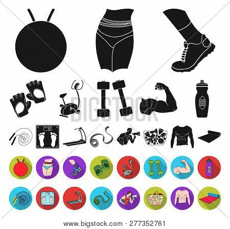 Fitness And Attributes Black, Flat Icons In Set Collection For Design. Fitness Equipment Vector Symb