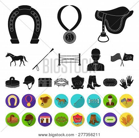 Hippodrome And Horse Black, Flat Icons In Set Collection For Design. Horse Racing And Equipment Vect