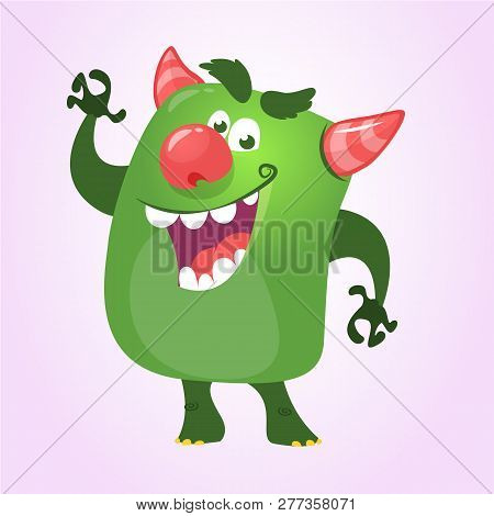 Cool Cartoon Monster Pressenting Or Pointing Hand. Vector Green Monster Troll Illustration. Hallowee