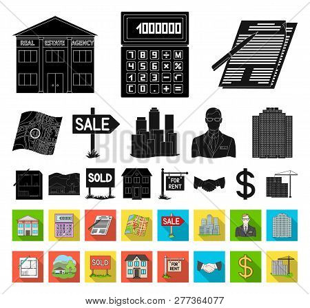 Realtor, Agency Black, Flat Icons In Set Collection For Design. Buying And Selling Real Estate Vecto