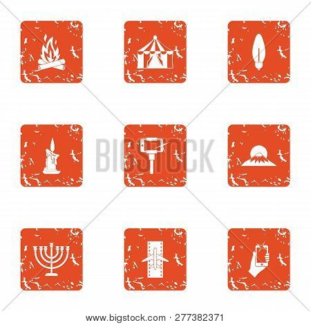 Mountainous Region Icons Set. Grunge Set Of 9 Mountainous Region Icons For Web Isolated On White Bac