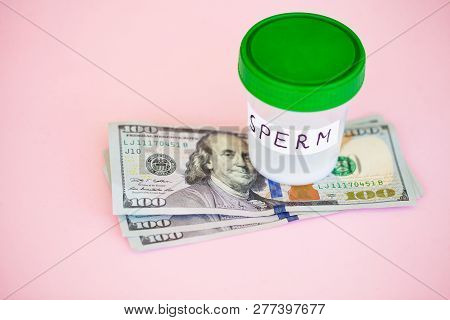 Health. Sperm Analysis. Concept Of Bank Sperm. Infertility Bank With Sperm On Rosy Phoenix With Mone