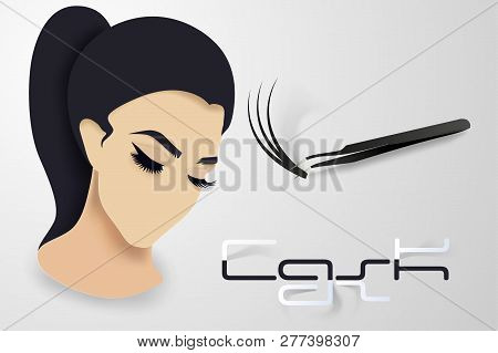 Eyelash Extension. Beautiful Eyelashes Ready Design Template In Paper Volumetric Style Layers In Col