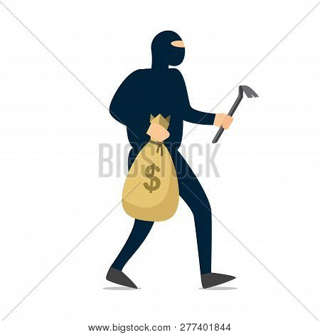 Thief. Criminal In Black Mask Stole Money. Vector Illustration