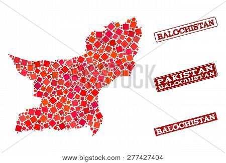 Geographic Combination Of Dot Mosaic Map Of Balochistan Province And Red Rectangle Grunge Seal Stamp