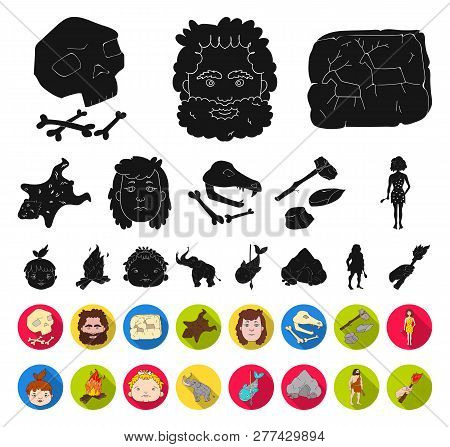 Life In The Stone Age Black, Flat Icons In Set Collection For Design. Ancient People Vector Symbol S