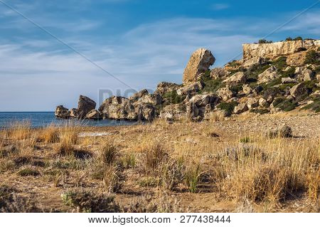 Northern Cyprus Coastline Alagadi Turtle Beach With Rocky Formation