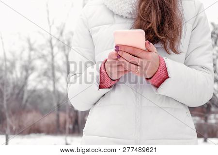 Woman Using Smart Phone Outdoors White Coat Pink Social Media Blogger
