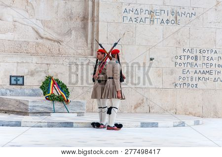 The Evzones Or Evzonoi, The Presidential Guard Is A Ceremonial Infantry Unit That Guards The Tomb Of