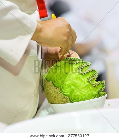 Thai Fruit Carving With Hand, Vegetable And Fruit Carving
