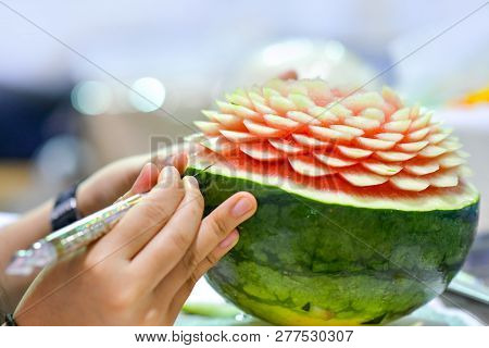 Thai Fruit Carving With Hand, Vegetable And Fruit Carving