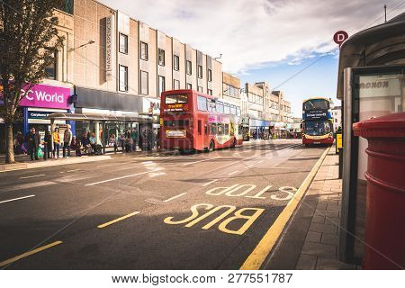 Brighton, England-1 October,2018: Bus Stop With Digital Data Board Information Sign For Passenger Wi