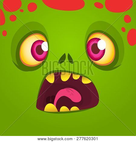 Cartoon Monster Face. Vector Halloween Shocked Monster Square Avatar