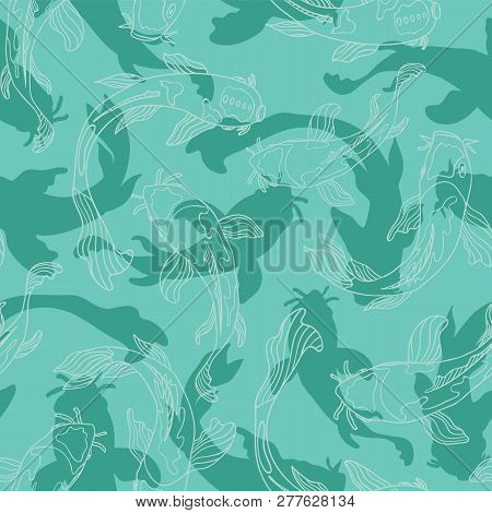 Blue Green Koi Fish Cut Outs Layered With Lineart Silhouettes To Create Underwater Shadow And Depth 