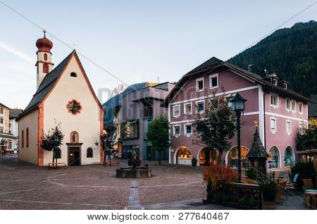 Ortisei, Italy - 5 October, 2017: Pedestrian Area Of Ortisei Town Ski Resort In North Of Italy.