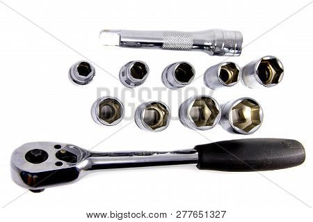 Set Of Socket Metal Wrench With Black Handle Over White Isolated Background, Different Foreshortenin