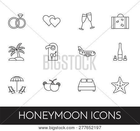 Set Of Thin Line Icons With Honeymoon Symbols Wedding Trip