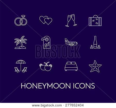 Set Of Thin Line Icons With Honeymoon Symbols Wedding Trip