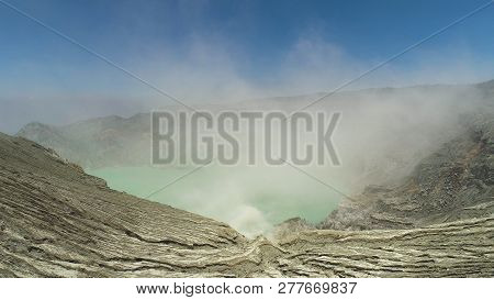Aerial View Mountain Landscape With Crater Acid Lake Kawah Ijen Where Sulfur Is Mined. Sulfur Gas, S
