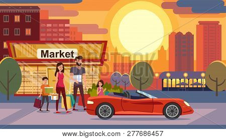 Consumer Credit, Car Loan For Young Family Flat Vector Concept With Happy Parents With Kids Leaving 