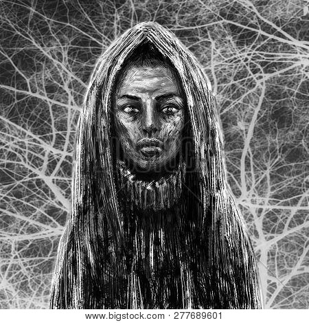 Black Skinned Shaman Girl In Hood. Fantasy Illustration. Black And White Background