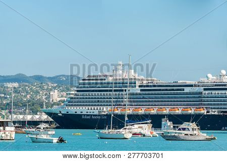 Montego Bay, Jamaica - January 09 2019: Holland America Nieuw Statendam Cruise Ship Docked At The Mo