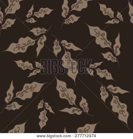 Seamless Vector Pattern. Beautiful Leaves On A Very Dark Grayish Orange Background. For Printing On 