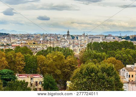 Arial View Of Rome City From Janiculum Hill, Terrazza Del Gianicolo In Rome. Italy