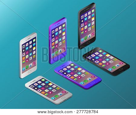 Colored Realistic Smartphones With Working Screens In Isometry