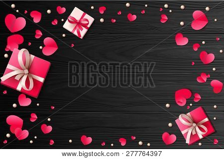 Romantic Background With Paper Hearts And Present Boxes On The Wooden Surface.photorealistic Backgro