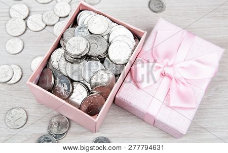 Open Pink Gift Box With Russian Ruble Coins Top View