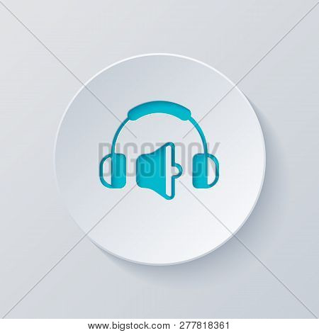 Headphones And Volume Level. Medium Volume Level. Simple Icon. Cut Circle With Gray And Blue Layers.