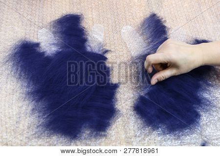 Workshop Of Hand Making A Fleece Gloves From Blue Merino Sheep Wool Using Wet Felting Process - Craf