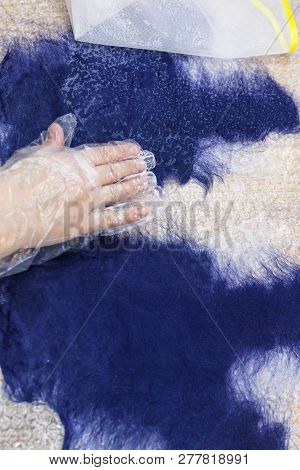 Workshop Of Hand Making A Fleece Gloves From Blue Merino Sheep Wool Using Wet Felting Process - Craf