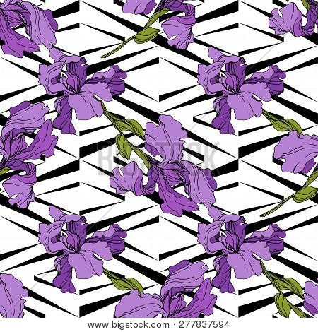 Vector Iris Floral Botanical Flower. Seamless Background Pattern. Fabric Wallpaper Print Texture.
