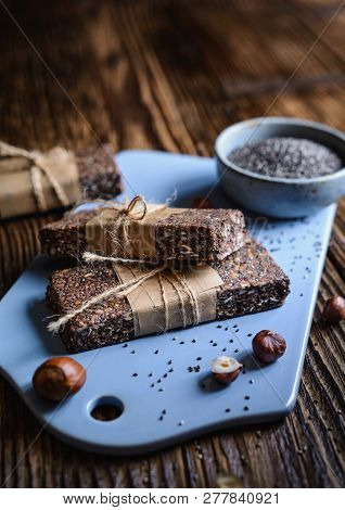 Chocolate Chia Seeds Bars With Hazelnuts, Rolled Oats, Dates, Coconut And Honey
