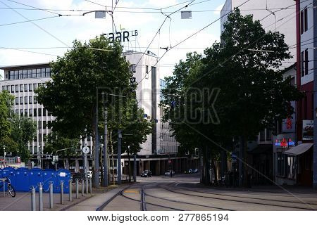 Saarbruecken, Germany - July 29: A Crossroads With Traffic In The Banking District Of Saarbruecken A
