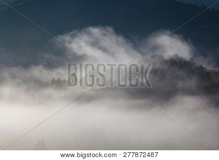 foggy summer landscape in the mountains, Salciua, Romania