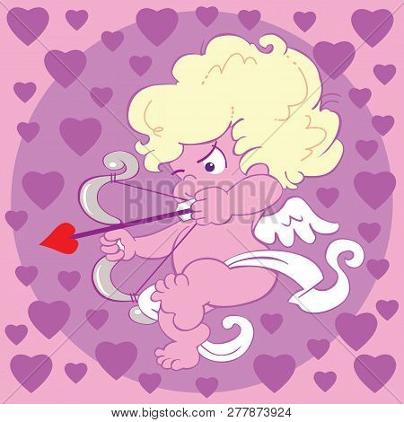 Cute Cartoon Cupid Taking Aim For The Heart On A Background Of Purple Hearts
