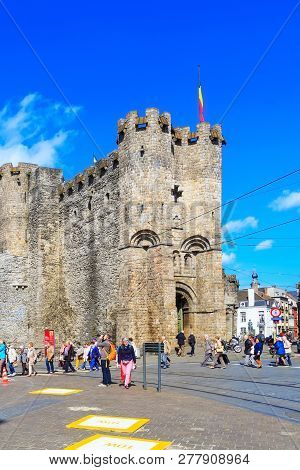 Ghent, Belgium - April 12, 2016: Gravensteen Castle And People Around In Ghent, Belgium