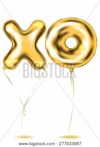 Gold Foil Xo-letters Balloon, Golden Donat. Image Birthday Celebration, Social Party And Any Holiday