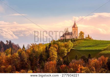 Autumn Sunrise Panorama With Saints Primus And Felician Church On Top Of Hill In Slovenian Countrysi