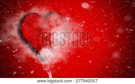 Romantic Love  Red Heart With Smoke On Background For Copy Space. With Snow Texture Overlays.