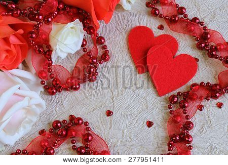 Pink And White Roses With Red Beads And A Heart On A Light Background For Congratulating Women. View