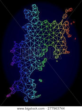Spectrum Colored Mesh Vector Map Of Komodo Island Isolated On A Dark Blue Background. Abstract Lines
