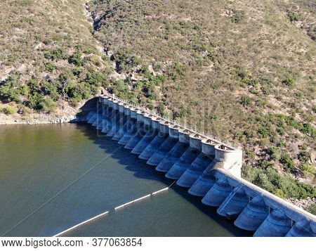 Aerial View Of Lake Hodges Dam Surrounded By Bernardo Mountain, Rancho Bernardo, East San Diego Coun