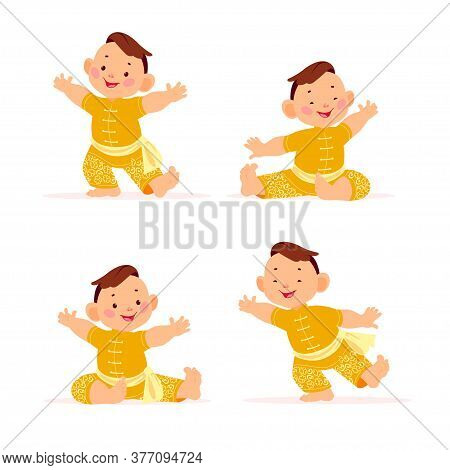 Happy Chinese Boy Character In Traditional Hanfu Suit Collection Isolated On White Background. Happy